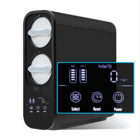 Black Submersible Reverse Osmosis Water Purifier. Features: RO filter, LED faucet, 0.4MPa pressure, 1.6L/min flow rate, 600GPD capacity