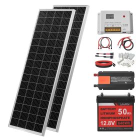 V200W 12V Complete Solar Power Kit, 2PCS 100W Monocrystalline Solar Panels + 12.8V 50Ah LiFePO4 Battery + 40A Charge Controller + 800W Power Inve