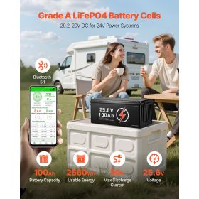 24V 100Ah LiFePO4 Lithium Battery, Bluetooth, Deep Cycle Lithium Rechargeable Battery, Built-in 50A BMS, Low Temp Protection, 4000+ Cycles